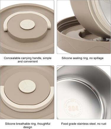 Термоконтейнер Tissting з ручкою, контейнер для гарячого обіду на 420 мл, коробка для обіду Bento, двошаровий портативний термоконтейнер круглої форми з нержавіючої сталі 304 (придатний для мікрохвильової печі коричневий)