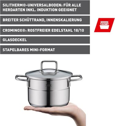 Набір посуду Silit Extra Cook каструлі 12/14 см зі скляною кришкою, внутрішньою мірною шкалою, широким обідком для зливу, нержавіюча сталь Crominox, для невеликих порцій, компактне зберігання, запобігає розтіканню (каструля для мяса, 14 см)