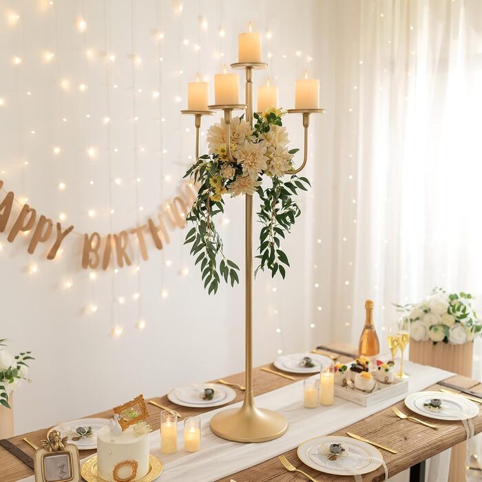 Підсвічник Sziqiqi, великий висота 22 см, 5 вішок, для свічок-паличок, стовпчастих свічок - металевий підлоговий свічник для вітальні на Хелловін, Різдво (золотий, 2)