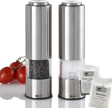 Набір електричних млинів для солі та перцю AdHoc з 2 чорно-білих тропіків з керамічною кавомолкою, регульованою дрібною та грубою, включаючи сіль і перець (нержавіюча сталь)