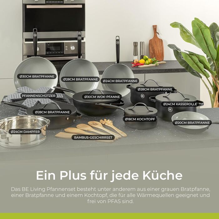 Каструля Be Living Essential з кришкою Ø 28 см з кришкою, антипригарна кераміка, для індукції, без PTFE та PFOA, (4 літри, чорна)