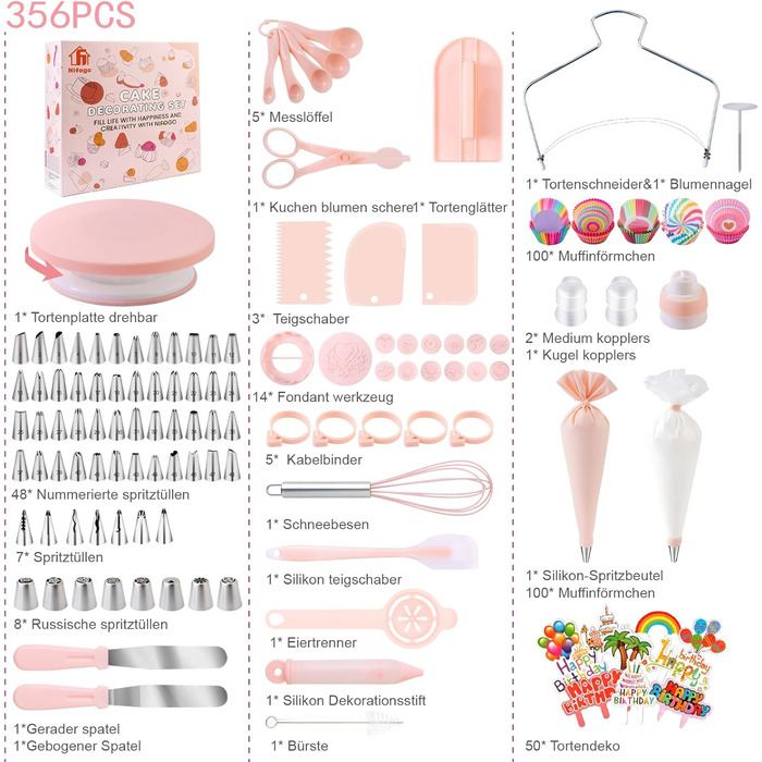 Набір аксесуарів для торта Nifogo, 356 предметів, аксесуари для випічки, аксесуари для декорування тортів з обертовою підставкою, кондитерські мішки, кондитерські насадки, шпателі для початківців (356 шт. світло-рожеві)
