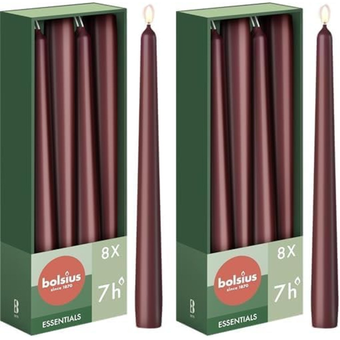 Набір з 16 конічних свічок 2,4 x 24,5 см, 2 упаковки по 8 шт, бордовий Essentials Bolsius