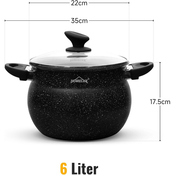 Індукційна каструля Homelux pot 24 см зі скляною кришкою, антипригарним покриттям, алюмінієві каструлі об&39ємом 8 л для всіх типів плит (H-C24) (22 см-6 л)