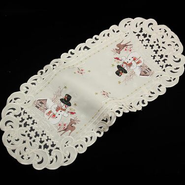 Різдвяна скатертина/доріжка HanaQi зі сніговиком та оленями, зимовий пейзаж з ажурною вишивкою, поліестер, колір екрю/крем - розмір на вибір (приблизно 38 x 108 см, овальна) (89 x 38 см (овальна))