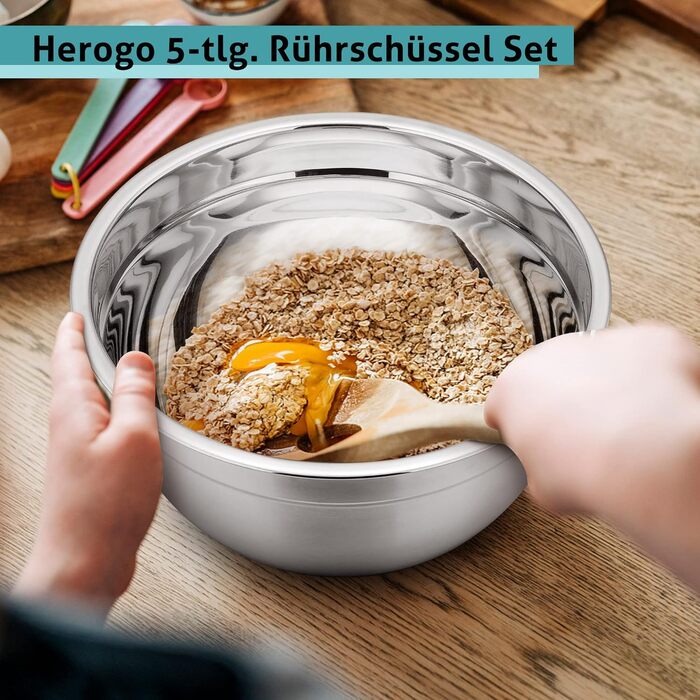 Миска для змішування Herogo, набір салатниць з нержавіючої сталі з 5 предметів із чорною кришкою та нековзною силіконовою основою, набір металевих мисок для випічки, нержавіючої та посудомийної машини (4.5/2.7/1.5/1.2/0.7 л) Чорний 5