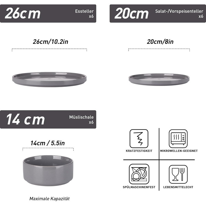 Набір посуду Richmount Nebula для 6 осіб, набір тарілок та мисок із 18 предметів, набір посуду з крапчастої кераміки, можна мити в мікрохвильовій печі та посудомийній машині, сервіз Nebula для 6 осіб (темно-сірий, сервіз Nebula для 6 осіб)
