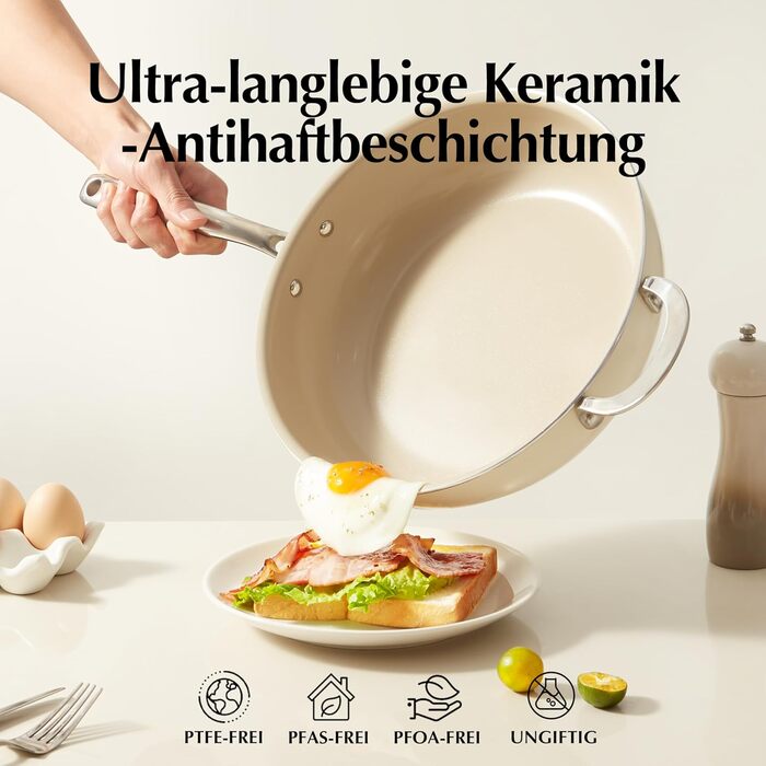 Сковорода с керамическим покрытием и стеклянной крышкой 28 см, бежевая Redchef