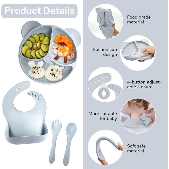 Силіконовий набір дитячого столового посуду Bizcasa з 9 предметів, нековзкий набір дитячого столового посуду, дитячий столовий посуд із присоскою, нековзна дитяча миска, дитяча тарілка, дитячий набір столових приборів для малюків, без BPA (сірий)
