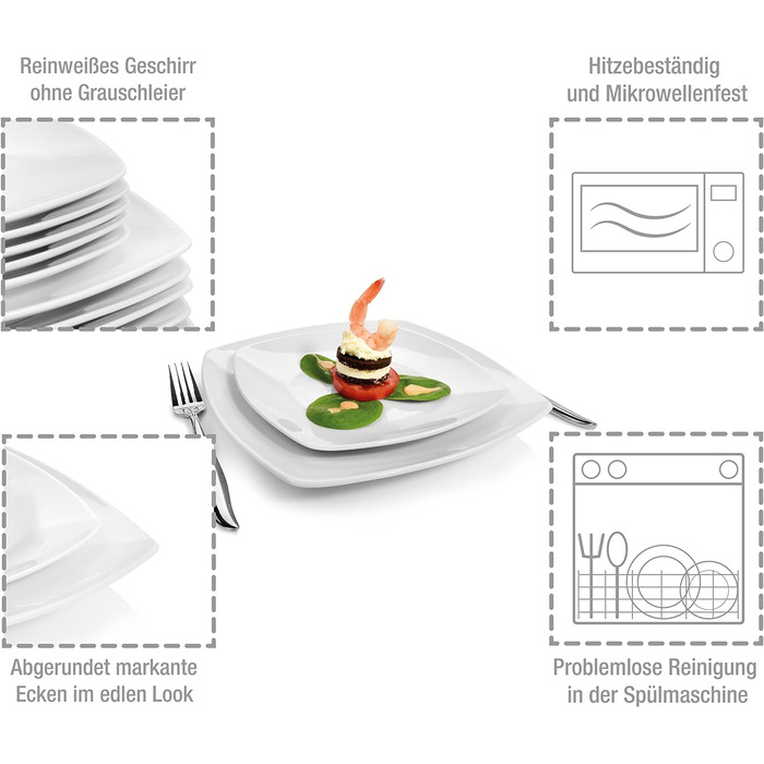 СПІВАЧКА Набір тарілок Striking 18 шт. , Порцеляновий набір посуду 6 персон, Посуд можна мити в посудомийній машині, Посуд з обідніми тарілками та глибокими тарілками, Посуд квадратний білий, Столовий сервіз сучасний (комбінований сервіз 30 шт. )