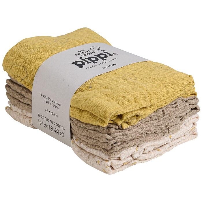 Набір із 6 унісекс дитячих тканинних/відрижкових/муслінових підгузків Pippi, 65x65 (ротанг)