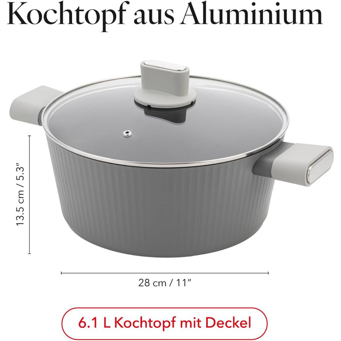 Алюмінієва каструля FLORINA 16 см 1,6 л Підходить для індукції Керамічне покриття, стійке до подряпин М&39яка ручка під дерево Термостійка Для всіх варильних поверхонь Легко миється (SERRANO, 6,1 л - 28 см)
