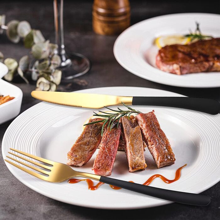 Набір столових приборів на 6 осіб, 24 предмети з тримачем, чорно-золотистий Wekity