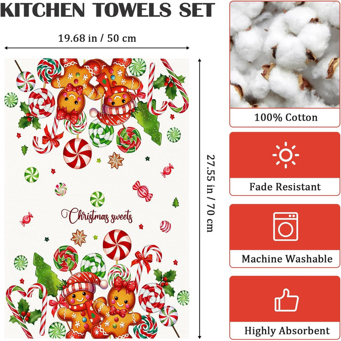 Набір із 4 кухонних рушників Arquiel, зимові різдвяні ялинки, декоративні різдвяні кухонні рушники, 100 бавовняні, абсорбуючі, подарунок на свята, новосілля, 48 см x 70 см (імбирний пряник, 48 см x 70 см, набір із 4 шт.)