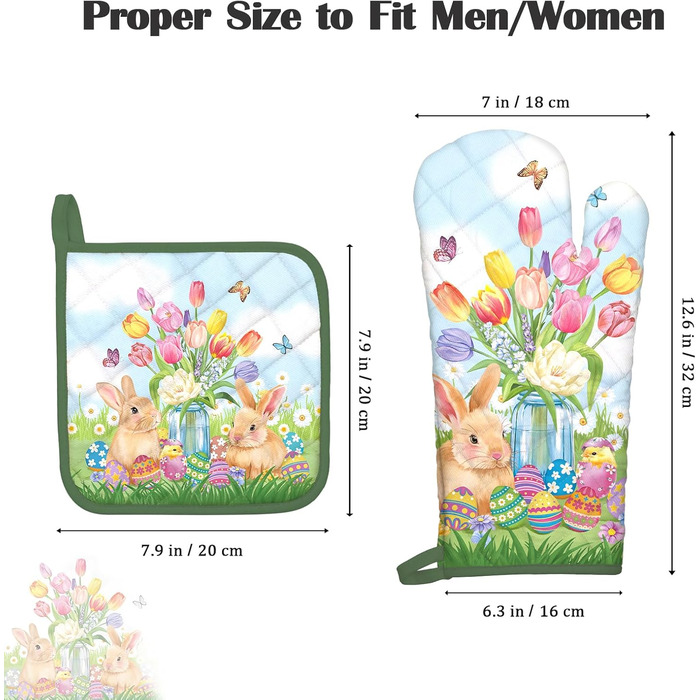 Різдвяний набір із 2 рукавичок для духовки та прихваток Arquiel, 100 бавовняні кулінарні рукавички, термостійкі кухонні рукавички для приготування їжі, різдвяні подарунки на кухню для жінок (Великдень 01, рукавички для духовки*2 прихватки*2)