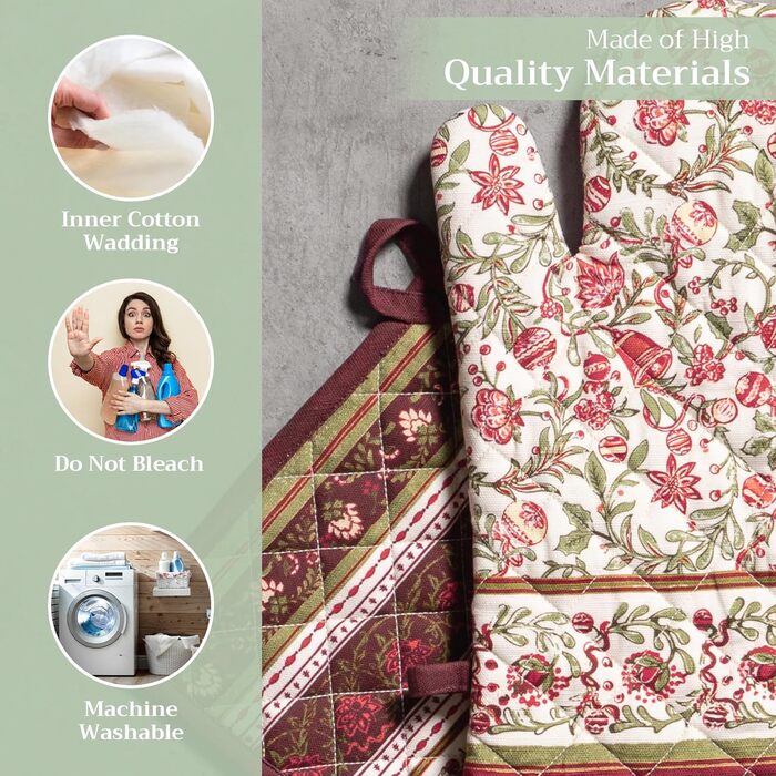 Рукавички для духовки, підставки для каструль Maison d&39 Hermine, 100 бавовна, термостійкі кухонні рукавички, рукавички для духовки (19 x 33 см) та підставки для каструль (20 x 20 см) для приготування їжі, Морзін - Рукавички для духовки (19 x 33 см) та п