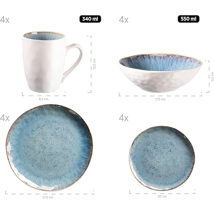 Серия MSER Frozen, Набор керамической посуды на 4 персоны, Комбинированный сервиз из 16 предметов с органическими формами, Сервиз с цветными крапинками, Керамогранит, (Синий)