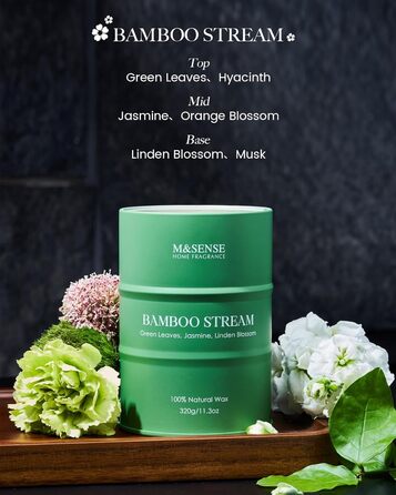 Ароматичні свічки M&SENSE з натурального соєвого воску, натуральна соєва свічка для домашнього декору, тривале горіння до 70 годин, класні подарунки-свічки для чоловіків і жінок (320 г, бамбуковий потік)