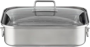 Форма для запікання RSLE EXPERTISO, універсальна ємність для приготування їжі з нержавіючої сталі 18/10, скляна кришка, внутрішня вага, підходить для індукційних плит, можна мити в посудомийній машині, срібляста (38 x 28 см, прямокутна форма для запікання