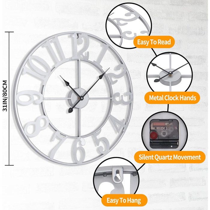 Большие круглые металлические бесшумные настенные часы в винтажном стиле 80 см HAITANG