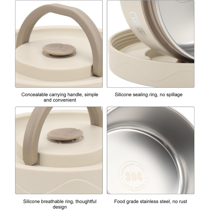 Термоконтейнер Tissting з ручкою, контейнер для гарячого обіду на 420 мл, коробка для обіду Bento, двошаровий портативний термоконтейнер круглої форми з нержавіючої сталі 304 (доступна для мікрохвильової печі білий)