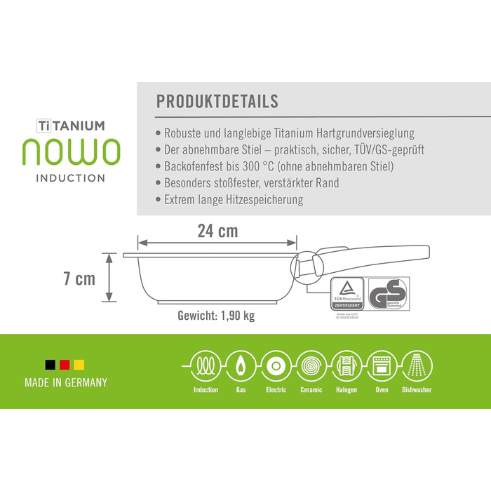 Сковорода 24 см з титановим покриттям зі знімною ручкою NOWO Woll
