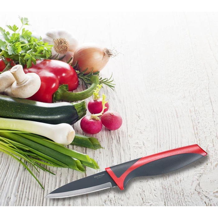 Набір ножів Westmark 5 шт. , 1 велика обробна дошка та 4 ножі, обробна дошка 37 х 25,5 см, лезо кухарського ножа/ножа для хліба 20 см кожен, лезо канцелярського ножа 12 см, лезо ножа для чищення овочів 8 см, 145222E6 (2 ніж для чищення)