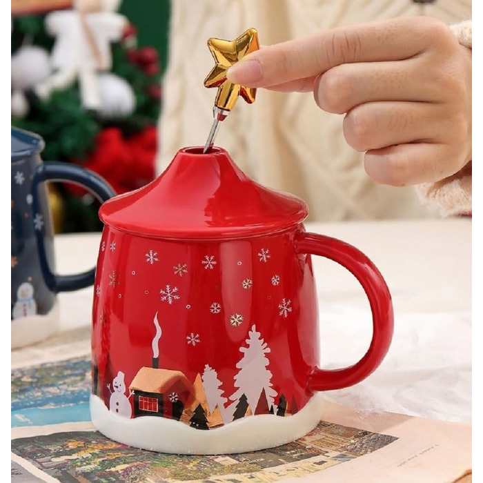 Різдвяний кавовий кухоль 400 мл з кришкою та з паличкою для помішування, червоний SuperglockT