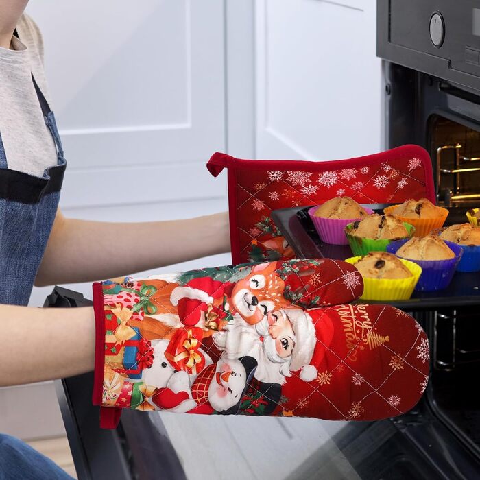 Набір з 2 різдвяних рукавичок для духовки та прихваток Arquiel, 100 бавовняні кулінарні рукавички, термостійкі кухонні рукавички для приготування їжі, різдвяні подарунки для жінок (Санта Клаус, рукавички для духовки*2 прихватки*2)