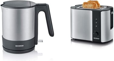 Чайник SEVERIN, мощный и компактный чайник из нержавеющей стали в высококачественном дизайне, электрический чайник с фильтром от известкового налета, нержавеющая сталь/черный, WK 3409, (в комплекте с тостером)