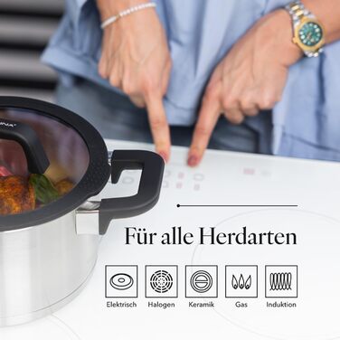 Набір посуду FLORINA 4 предмети Нержавіюча сталь 18/0 Кришка із загартованого скла Для індукційних, газових, електричних та керамічних варильних поверхонь Можна мити в посудомийній машині Високоякісний набір посуду для кожної кухні (8 предметів, Chef)