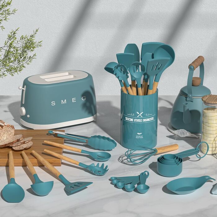 Набір кухонного приладдя Umite Chef, з антипригарним покриттям, силікон, кухонне приладдя, набір лопаток з тримачем, дерев'яна ручка, термостійкий силікон, 24 шт. и (синій)