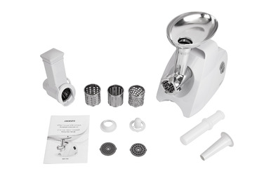 ARDESTO М'ясорубка, 1900Вт, 1.8кг/хв, 3 решітки, насадка для ковбас, кеббе, 4 терки, пластик, білий