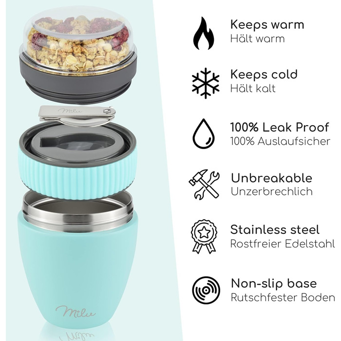 Стаканчик для пластівців Milu на винос 400 мл з назвою MsliMax для йогурту герметичний стаканчик з ложкою (бірюзовий, нержавіюча сталь)