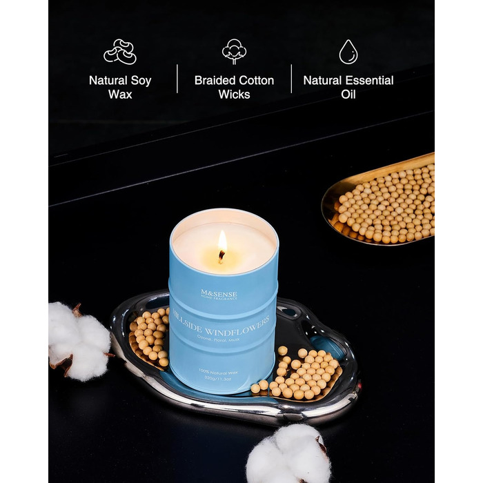 Ароматичні свічки M&SENSE з натурального соєвого воску, натуральна соєва свічка для домашнього декору, тривалий час горіння до 70 годин, класні подарунки-свічки для чоловіків і жінок (320 г, Hgelfeld Windblumen)