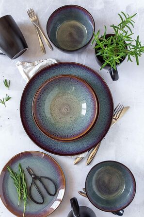 Керамічний набір посуду на 4 персони із зелено-коричневою реактивною глазур'ю, комбінований сервіз із 20 предметів у сучасних стриманих формах купе, керамограніт (обідня тарілка), 934100 Series Teona