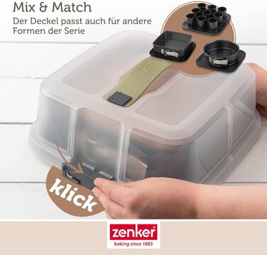 Квадратна пружинна форма Zenker Bake, Click & Go з капюшоном 24 x 24 x 8 см Форма для випічки з відповідною кришкою для прямого транспортування Форма для торта для випікання та транспортування