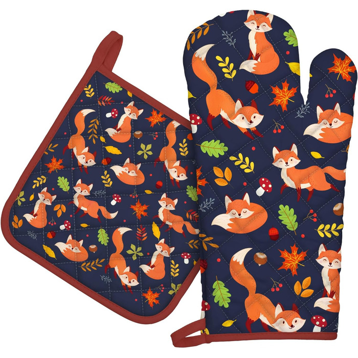 Набір з 2 кухонних рукавиць Arquiel з тримачем для каструлі Gnome Autumn Orange Checked, 100 бавовняні кулінарні рукавички, термостійкі кухонні рукавички для приготування їжі, осінній декор, подарунки для жінок (осіння лисиця, духовка тримач для каструлі)