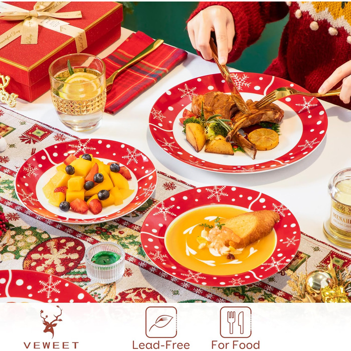 Серія 30-предметний порцеляновий різдвяний набір посуду на 6 осіб, різдвяний кавовий сервіз на 6 обідніх тарілок, 6 десертних тарілок, 6 супових тарілок, 6 кавових чашок та 6 блюдець (Санта Клаус, обідній сервіз на 18 осіб)