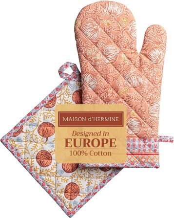 Рукавички для духовки, прихватки для каструль Maison d&39 Hermine, 100 бавовна, термостійкі кухонні рукавички, рукавички для духовки (19 x 33 см) та прихватки для каструль (20 x 20 см) для приготування їжі, Морзін - Рукавички для духовки (19 x 33 см) та п