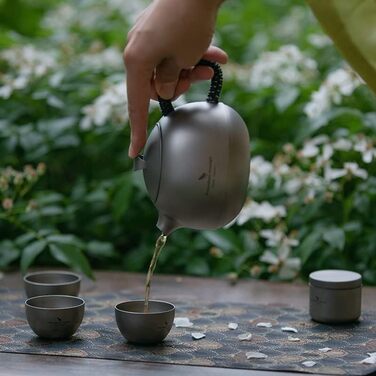 Набор титановых чайников iBasingo с фильтром, ручкой и крышкой для защиты от ожогов Офисный чайный набор 380 мл Набор чашек для чайника для домашнего ультралегкого кемпинга Мини-чайник Ti3109D (Ti3110d Чайник 380 мл 3 чайные чашки 1 набор чайников с кожан