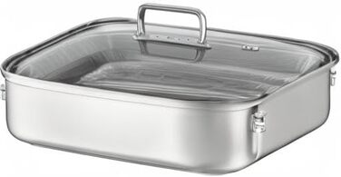 Форма для запікання RSLE EXPERTISO, універсальна ємність для приготування їжі з нержавіючої сталі 18/10, скляна кришка, внутрішня вага, підходить для індукційних плит, можна мити в посудомийній машині, срібляста (38 x 28 см, прямокутна форма для запікання
