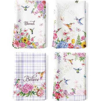 Кухонні рушники, бавовна, 4 упаковки, кухонні рушники, 100 бавовна. Осінній набір кухонних рушників. Багатоцільовий високоякісний набір кухонних рушників для сушіння. Рушники 50 x 70 см (пташки та квіти)