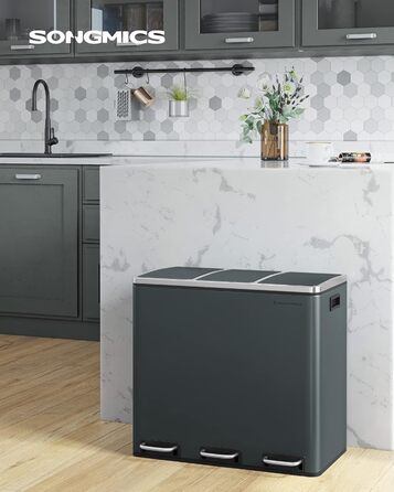 Кухонний контейнер для сміття SONGMICS, 3 x 18 л, система розділення сміття з 3 відділеннями, включаючи 15 мішків для сміття, відро для сміття, відро для сміття на педалі, для перероблених відходів, органічних відходів, з кришкою, LTB54BK (зелено-сірий)