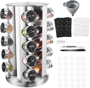 Квадратна стійка для спецій Miorkly з 20 круглими банками для спецій, карусель для спецій з нержавіючої сталі, що обертається на 360, органайзер для спецій, підставка для спецій, що стоїть, банки для спецій зі спринклерною вставкою, банка для спецій, теги