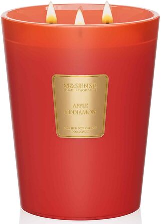 Ароматична свічка M&SENSE надзвичайно велика, час горіння 150 годин, натуральна ароматерапевтична свічка з 3 гнітами, сильний аромат, тривале горіння, подарункова свічка та прикраса для дому, подарунки для жінок (990 г, яблуко-кориця червона)