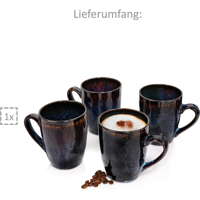 Певец Набор кофейных чашек Tokyo 4 шт., набор кофейных кружек на 4 персоны, сейф для посудомоечной машины из керамогранита, набор чашек ручной работы, набор кружек для кофе, набор кружек сине-черный с коричневыми акцентами Набор кофейных кружек 300 мл 4 ш