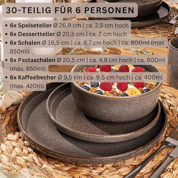 Комбінований сервіз на 6 персон, набір тарілок кавовий кухоль макаронна миска 30 шт. , набір посуду з керамограніту посудомийна машина - мікрохвильова піч - стійкий до подряпин, набір посуду з керамограніту КОЛЕКЦІЯ ЦІННОСТЕЙ (Каїрський графіт, комбінован