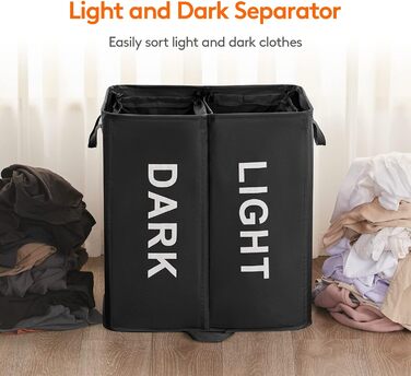 Подвійний кошик для білизни Lifewit 136 л з кришкою та знімними мішками для білизни, великий розділений кошик для білизни, складний кошик для білизни з ручками для спальні, ванної кімнати, пральні, (чорний)