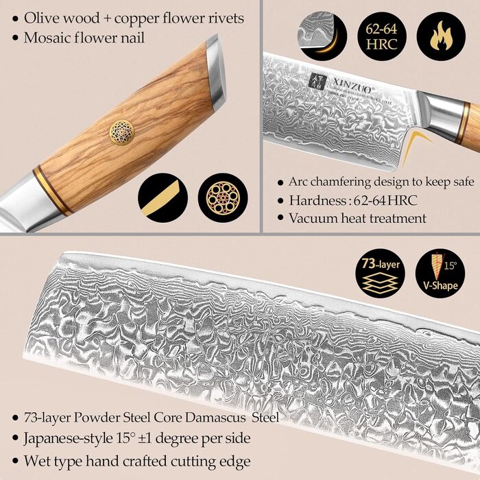 Кухарський ніж накірі 18,2 см, дамаська сталь XINZUO